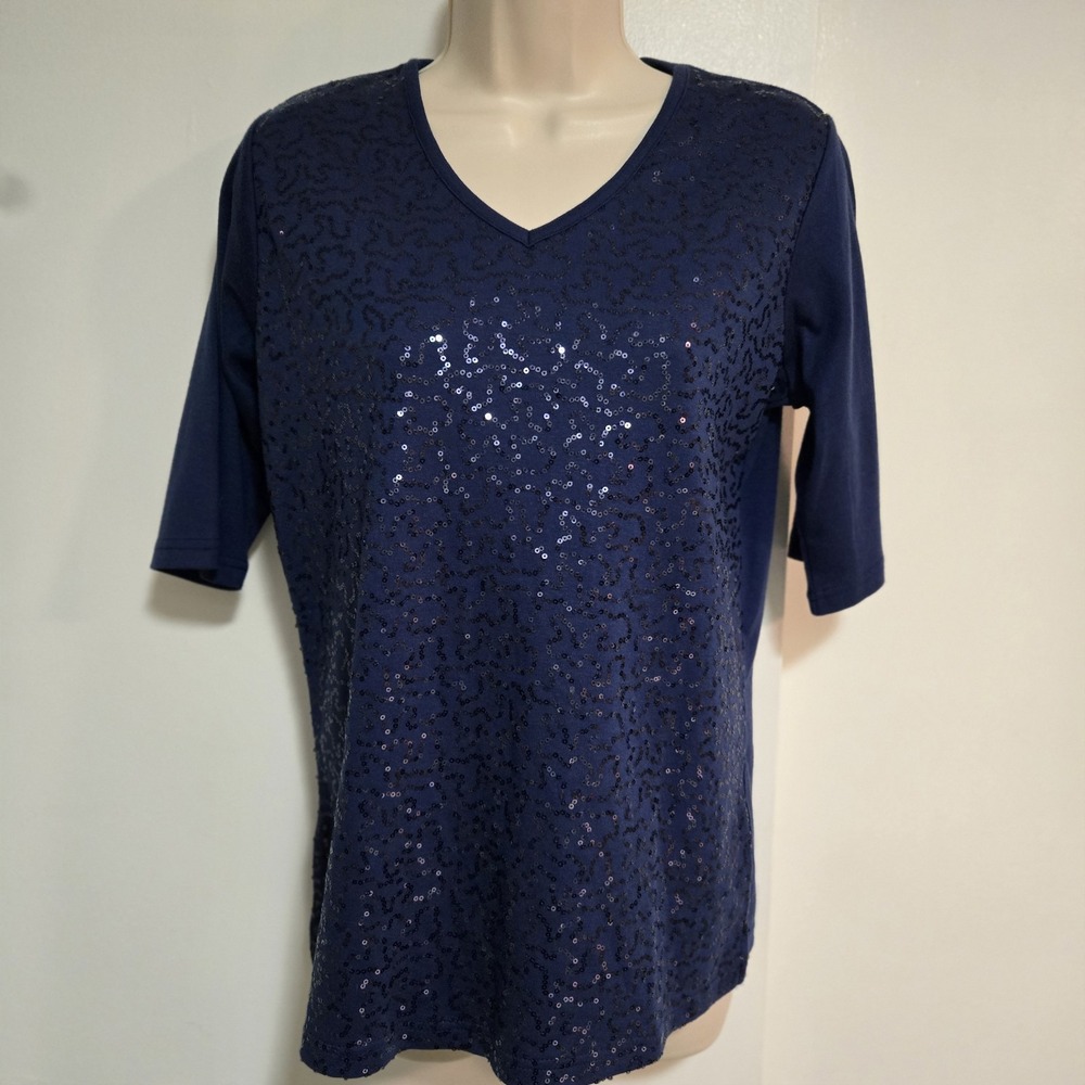 Quacker Factory Size XS Navy Blue Elbow Sleeve‎ Top Sequins V-Neck NEW